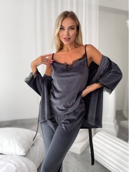 Жіночий костюм-трійка зі штанами графітового кольору 25181