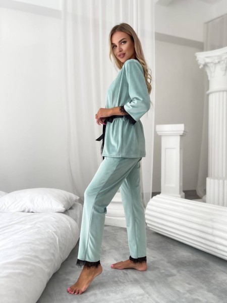 Жіночий костюм-трійка зі штанами мʼятного кольору 25185