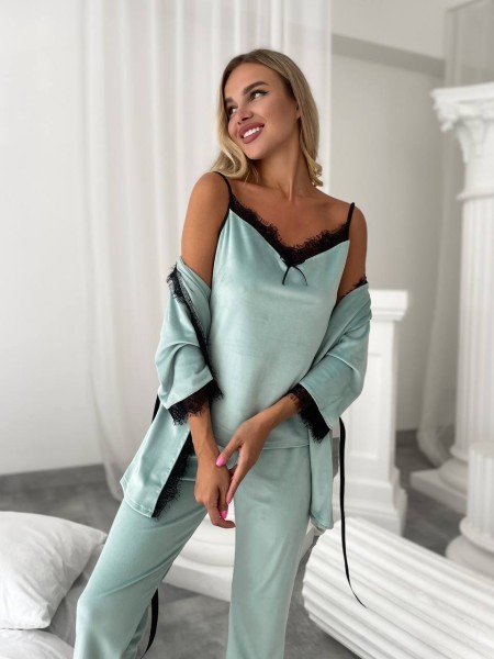Жіночий костюм-трійка зі штанами мʼятного кольору 25185