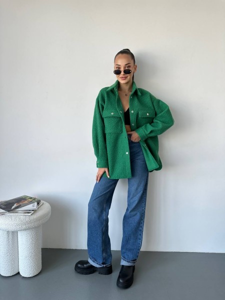 Жіноча куртка-сорочка зеленого кольору 25434 АА