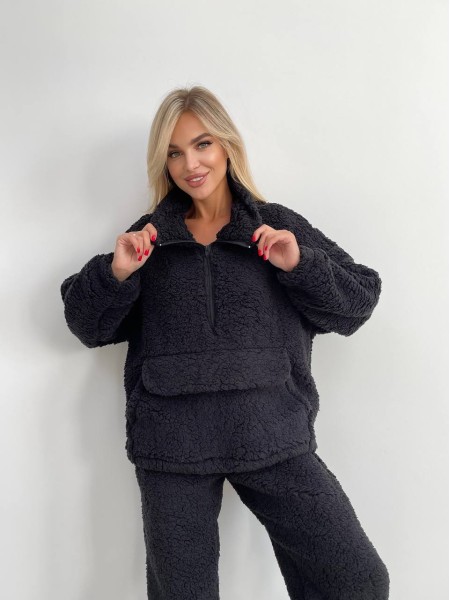 Женский теплий и стильный костюм Тедди черного цвета 25552