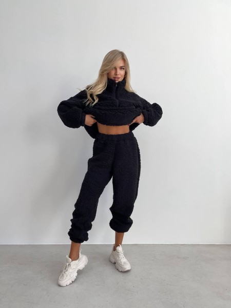 Женский теплий и стильный костюм Тедди черного цвета 25552