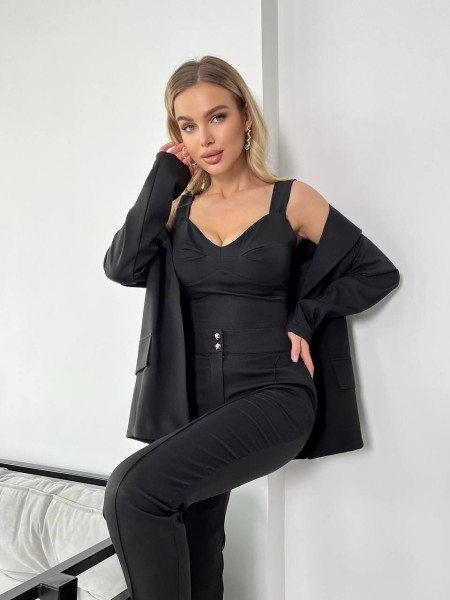 Жіночий стильний костюм -трійка чорного кольору 25774 AA