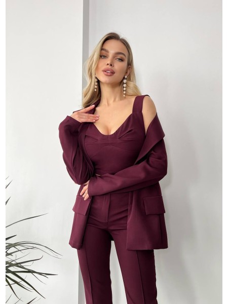 Жіночий стильний костюм -трійка  кольору марсала 25781 AA