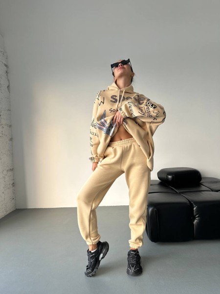 Женский  спортивный костюм с принтом бежевого цвета  25914 Br