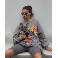 Жіноча подовжена кофта сірого кольору з малюнком 25917 Br