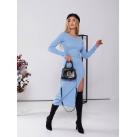 Платье в рубчик с разрезом голубого цвета   25967