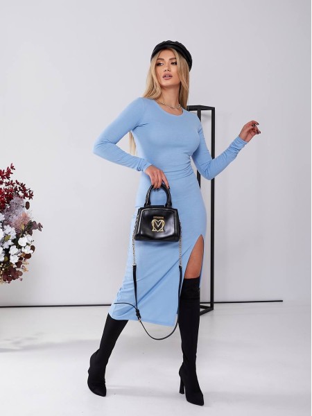 Сукня у рубчик з розрізом блакитного кольору 25967 ISt