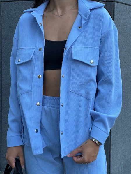 Жіночий костюм із мікровельвету на кнопках блакитного кольору 26049 Vo