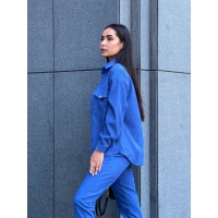 Жіночий костюм із мікровельвету на кнопках синього кольору 26050 Vo