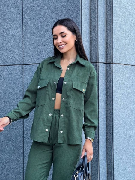 Жіночий костюм із мікровельвету на кнопках  кольору хакi 26052 Vo