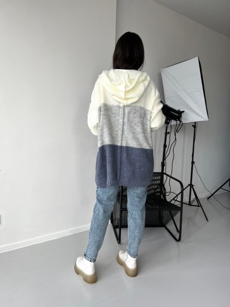 Кардиган жіночий з капюшоном кольору молока+сірий+джинс 26508 MО