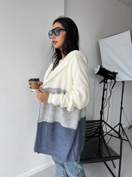 Кардиган жіночий з капюшоном кольору молока+сірий+джинс 26508 MО