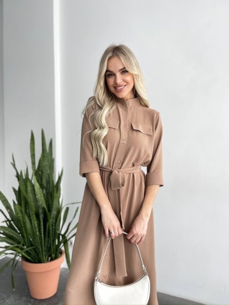 Легкое платье миди с поясом цвета мокко 27307