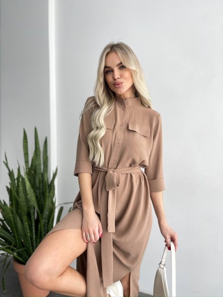 Легкое платье миди с поясом цвета мокко 27307