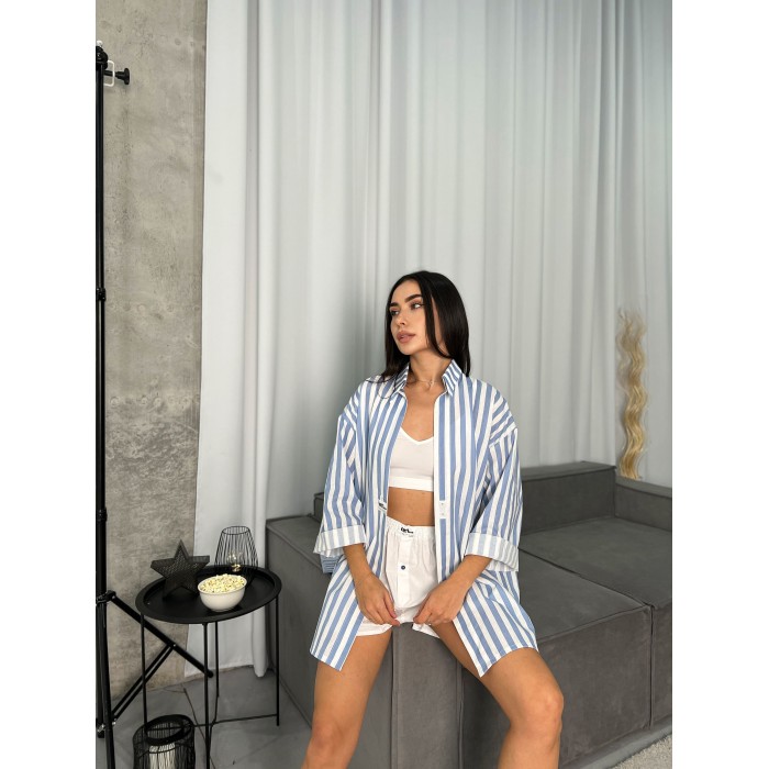Жіноча сорочка oversize в блакитну смужку 27440 АМ