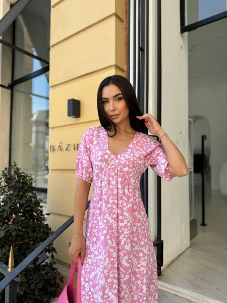 Легка сукня міді у дрібну квітку малинового кольору 28087 N