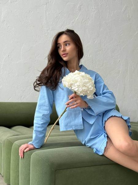 Льняной костюм 2-ка шорты+рубашка голубого цвета 28214