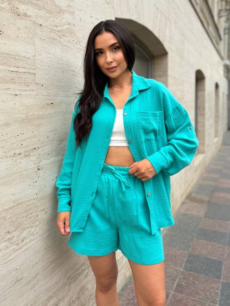 Мусліновий костюм із шортами бiрюзового кольору 28394 LAM