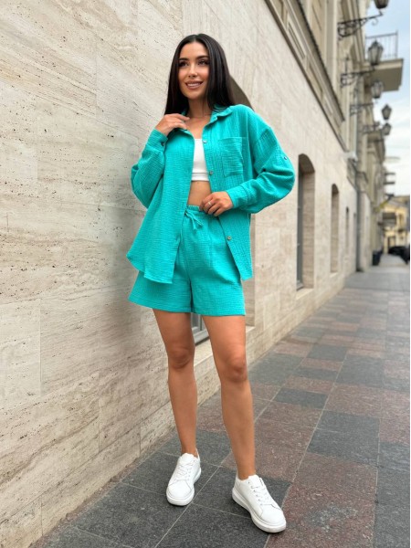 Мусліновий костюм із шортами бiрюзового кольору 28394 LAM