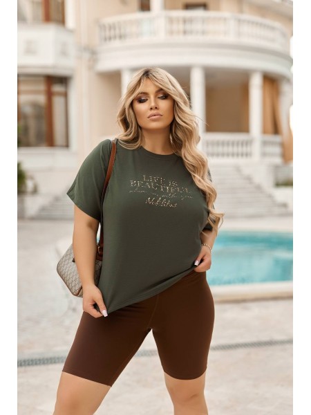 Базова жіноча футболка з написом кольору хакi 28460 N