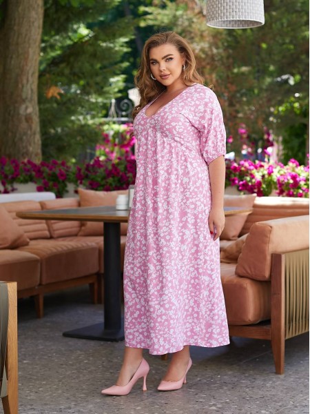 Легка сукня міді у дрібну квітку малинового кольору 28494 N