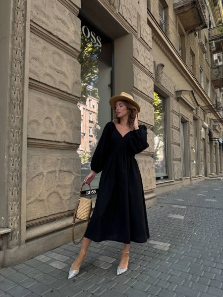 Трендова, лляна сукня чорного кольору 28511 Ordio