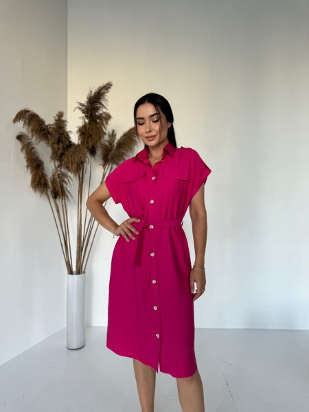 Льняна сукня на кнопках малинового кольору 28663 N