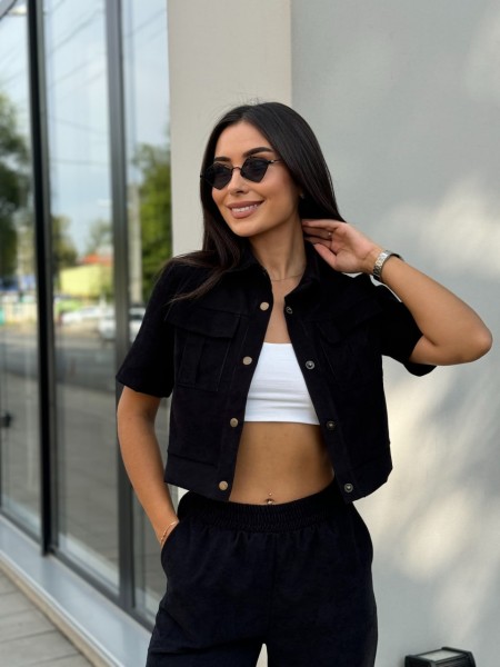 Ніжний прогулянковий костюм з мікро-вельвету чорного кольору 28722