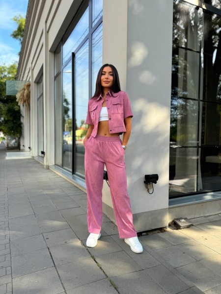 Ніжний прогулянковий костюм з мікро-вельвету пудрового кольору 28724