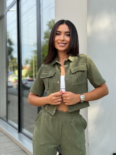 Ніжний прогулянковий костюм з мікро-вельвету кольору хакi 28725