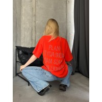 Стильна футболка з написом на спині зі страз помаранчевого кольору 28847