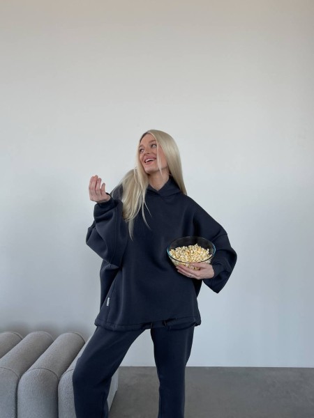 Стильний та вільний худі з вишивкою "Mriya" графітового кольору 29054