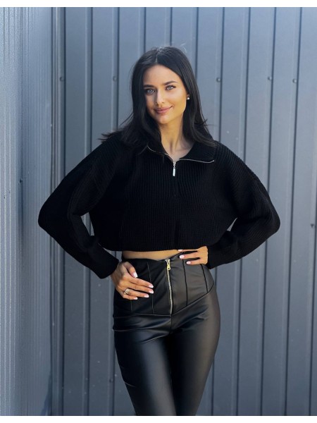 Укорочений жіночий светр на блискавці чорного кольору 29283