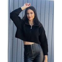 Укорочений жіночий светр на блискавці чорного кольору 29283