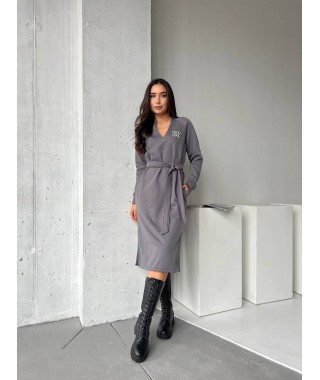 Платье с поясом на флисе графитового цвета 29377