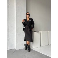 Платье с поясом на флисе черного цвета 29378