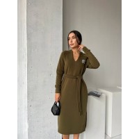 Платье с поясом на флисе цвета хаки 29379