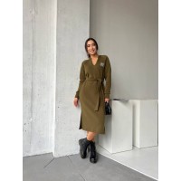 Платье с поясом на флисе цвета хаки 29379