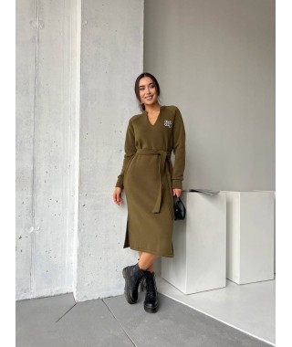 Платье с поясом на флисе цвета хаки 29379