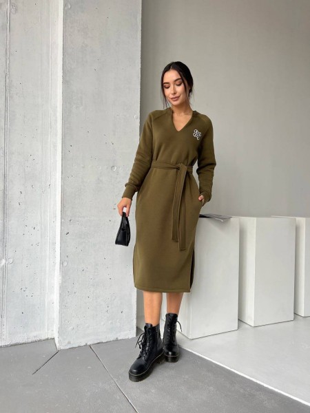 Сукня з поясом на флісі кольору хакi 29379