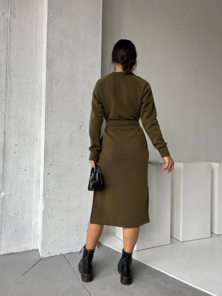Сукня з поясом на флісі кольору хакi 29379