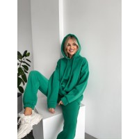 Теплий жіночий костюм з капюшоном зеленого кольору 29398