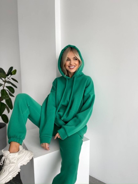 Теплый женский костюм с капюшоном зеленого цвета 29398