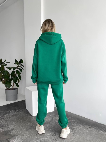 Теплый женский костюм с капюшоном зеленого цвета 29398