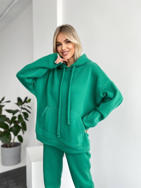 Теплый женский костюм с капюшоном зеленого цвета 29398