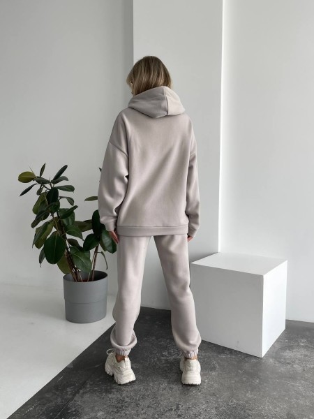 Теплый женский костюм с капюшоном серого цвета 29404