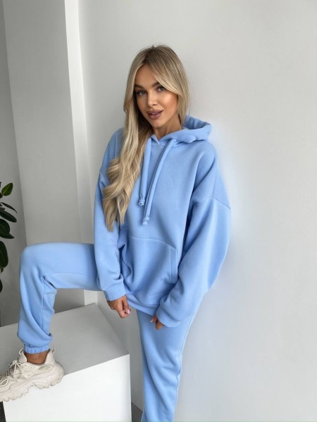 Теплый женский костюм с капюшоном голубого цвета 29406