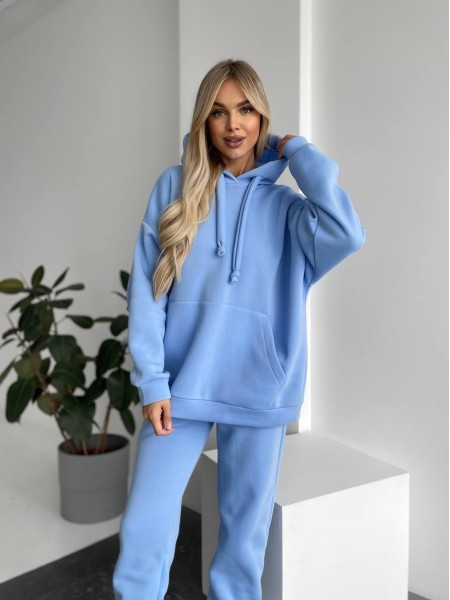 Теплый женский костюм с капюшоном голубого цвета 29406