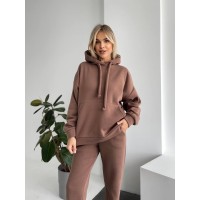 Теплий жіночий костюм з капюшоном коричневого кольору 29407